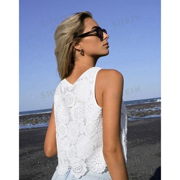 SHEIN VCAY Solid Guipure White Lace Blouse - XL - Picture 4 of 14